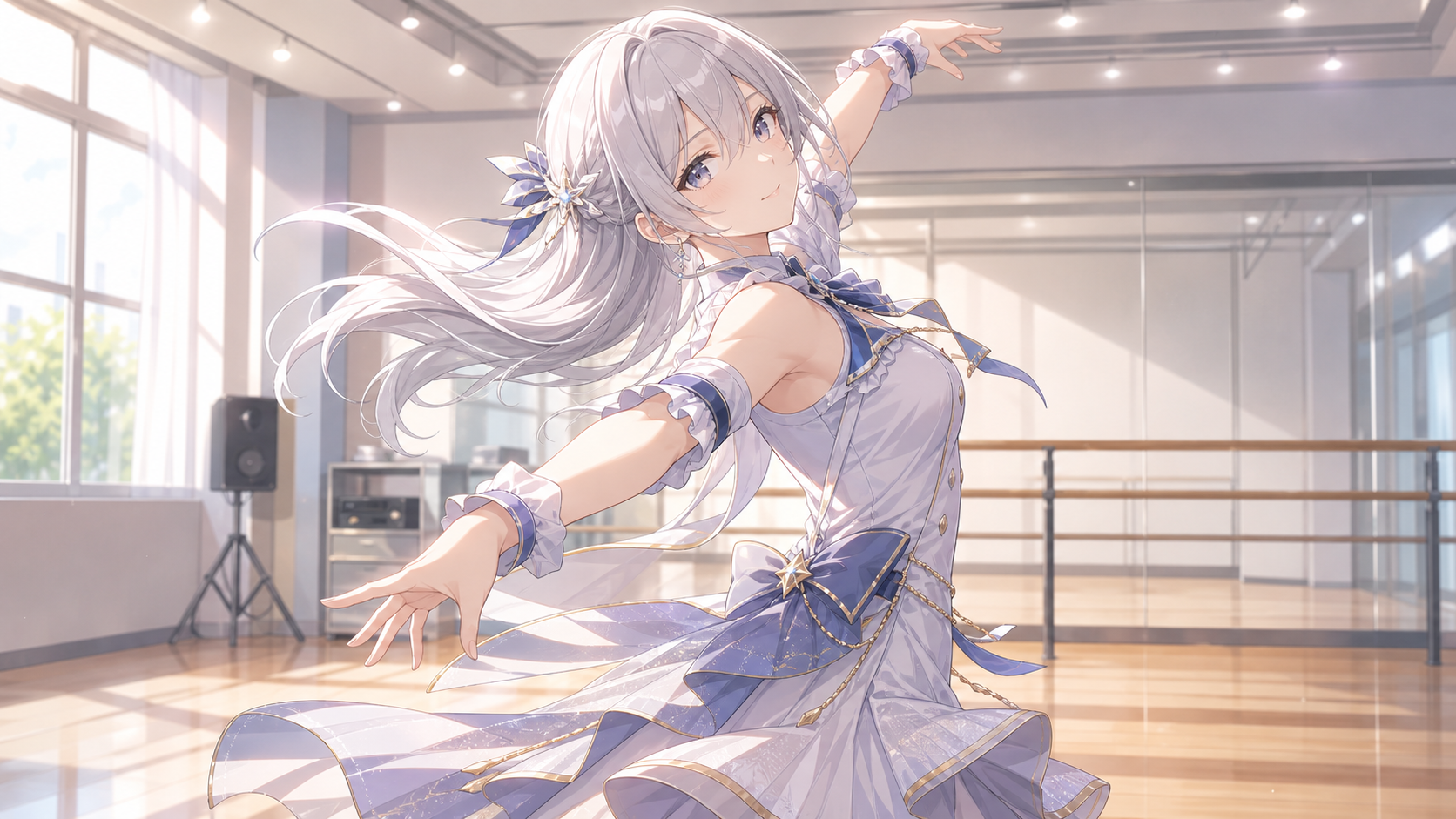 銀髪スレンダー清楚系の女性アイドルがレッスンしているタイトルイラスト